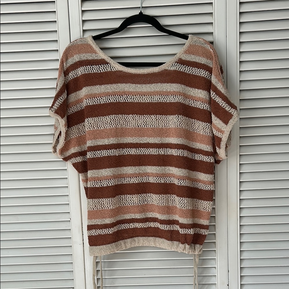 Dex Striped Short Sleeve Knit Top in Brown and Cream